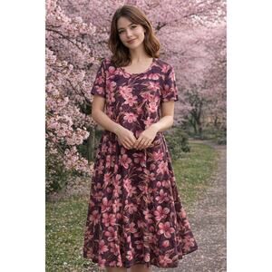 LuLaRoe Jessie Dress L Pink Purple Floral Short Sleeve Midi A-Line NWT